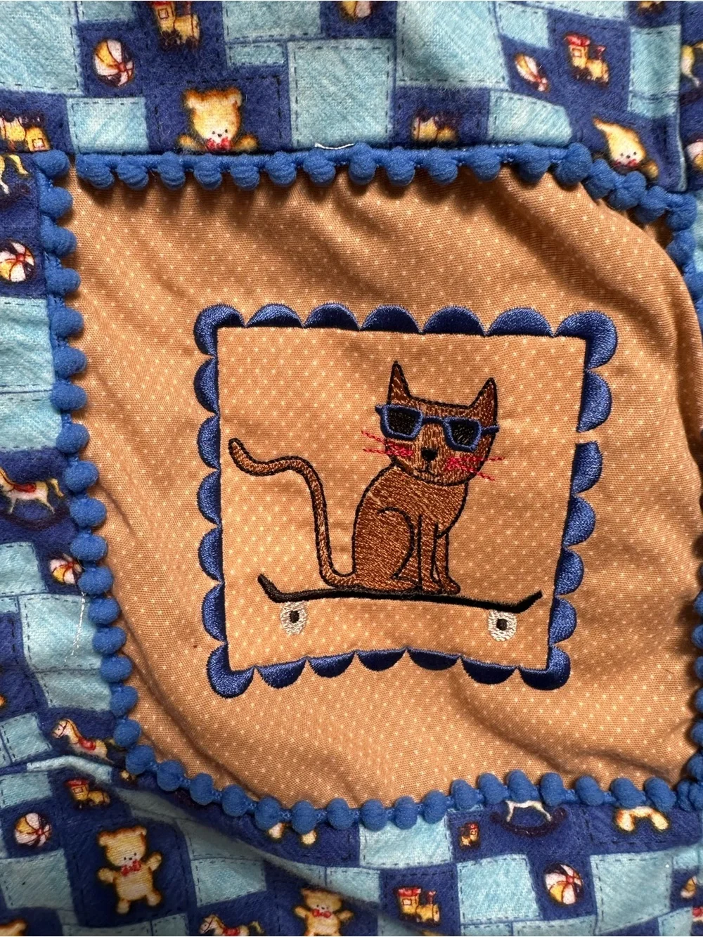 HANDMADE BABY BOY QUILT BLANKET EMBROIDERED STORYBOOK ANIMAL PATCHWORK FLANNEL